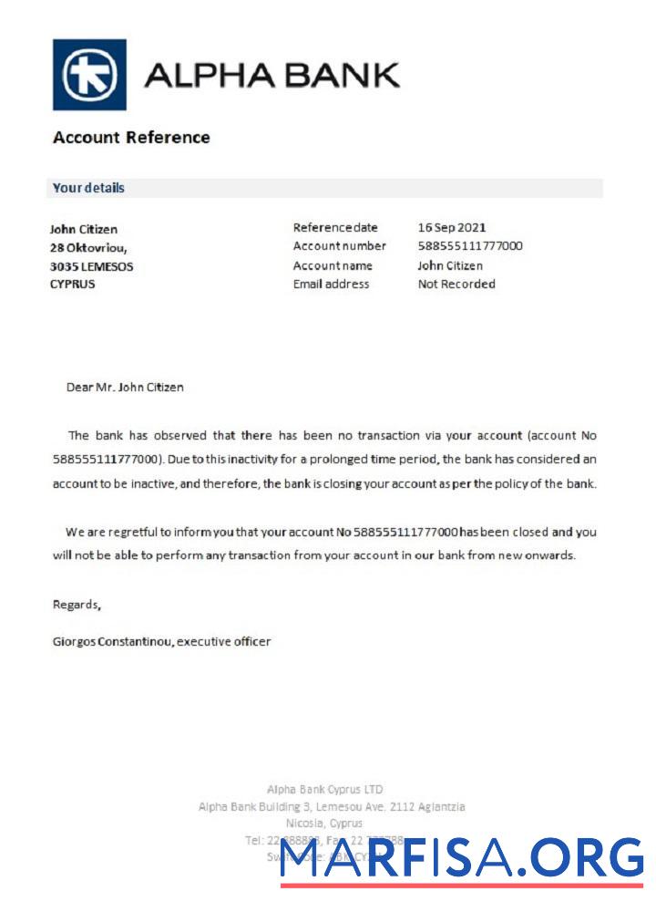 Downloadable Cyprus Alpha Bank closure reference download for verification